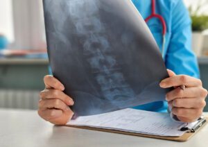 A scoliosis specialist examines a patient's spine X-ray during a consultation.