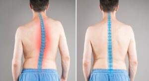 Man before and after spine curvature correction, scoliosis treatment comparison.