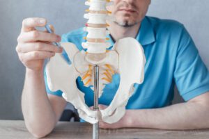 Male doctor's hand pointing at the SIJ sacroiliac joint on skeleton spine model